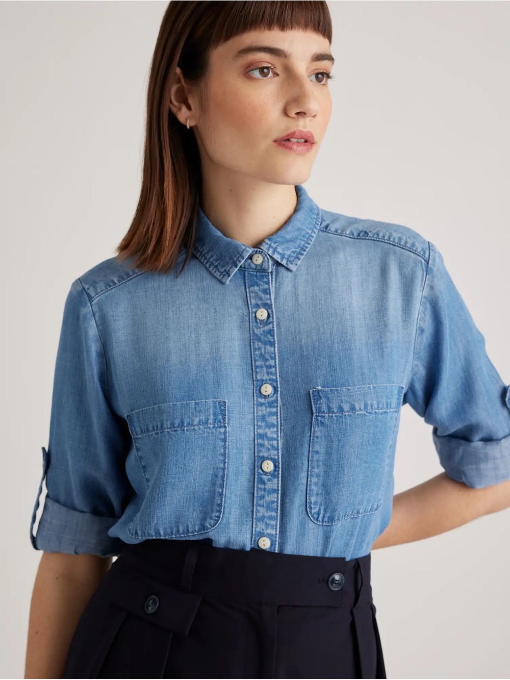 Quince Chambray Tencel Long Sleeve Denim Button Down Shirt NWOT